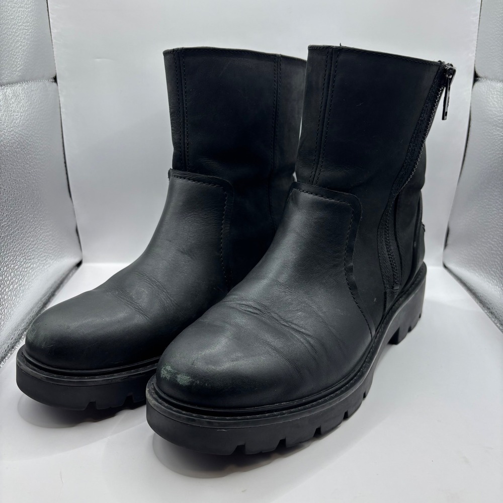 Women's Size 10 - UGG Polk Boot Black Leather Moto Lug Sole Side Zip 1103752